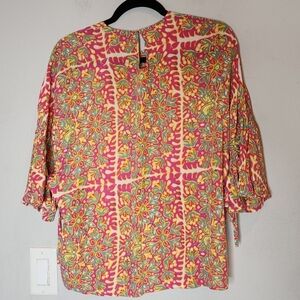 Marimekko Jade Simbad Pink Retro Blouse  Drawstring Sleeves Size 36 Small